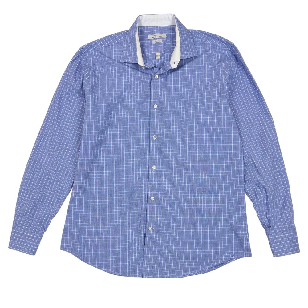 Perry Ellis Portfolio Mens Blue Check Slim Fit Wrinkle Free Dress Shirt 16.5 L